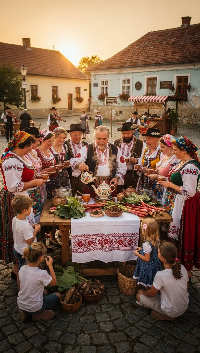 Rhubarb növény levelei és gyökerei, természetes környezetben.